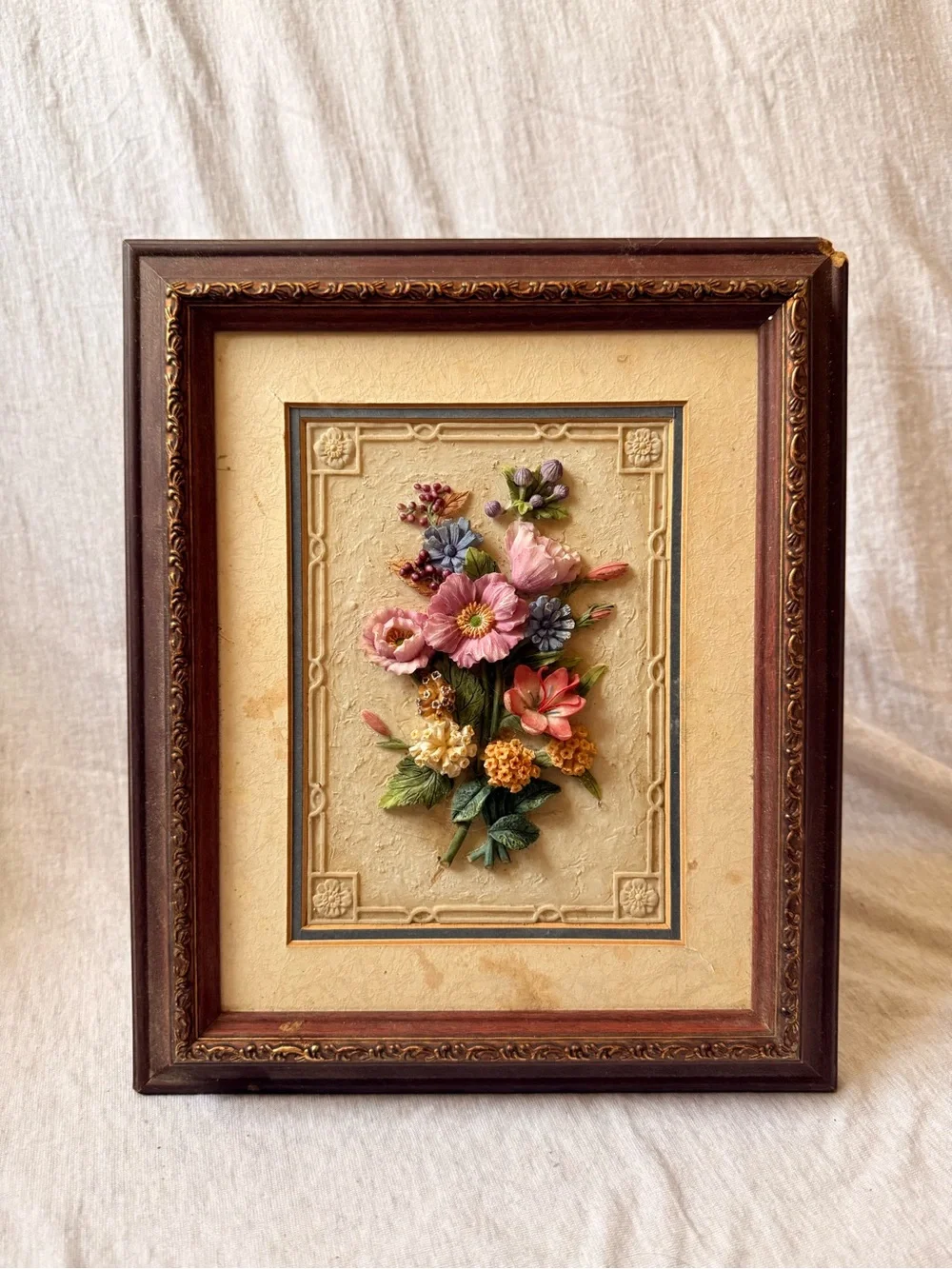 Vintage Framed Floral Relief Wall Art in Pink and Green